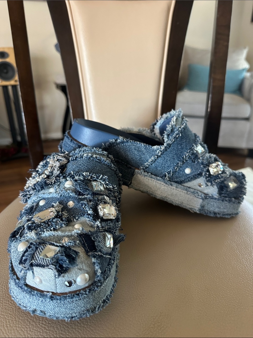 Gianni Bini Blue Denim Jeweled Slide Mules